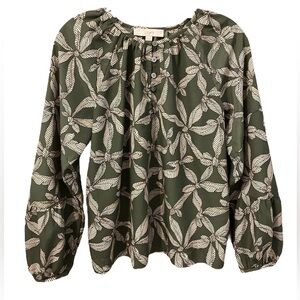 EUC LOFT Sage Green/Tan Print Loose-Fitting  Long Puff Sleeve Blouse Size XS
